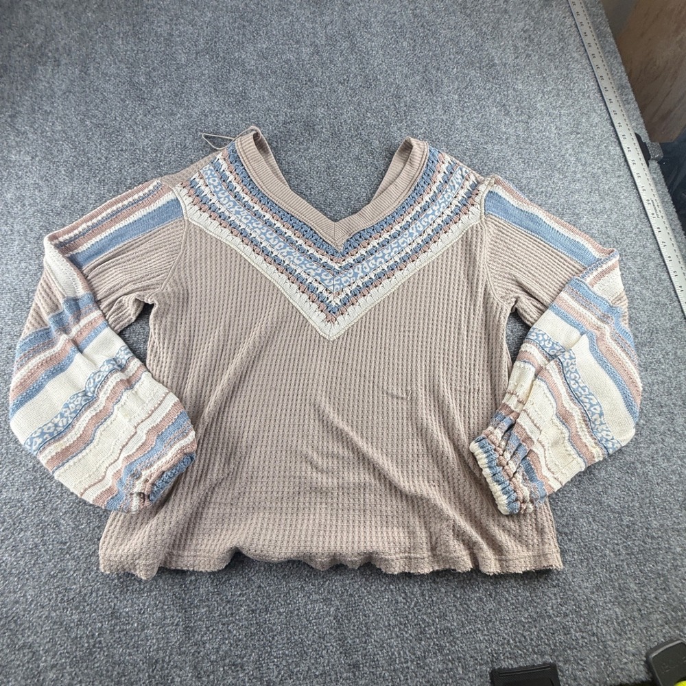 Free People Mixed Media Waffle Knit Thermal V-Neck Top Taupe Blue Size Medium
